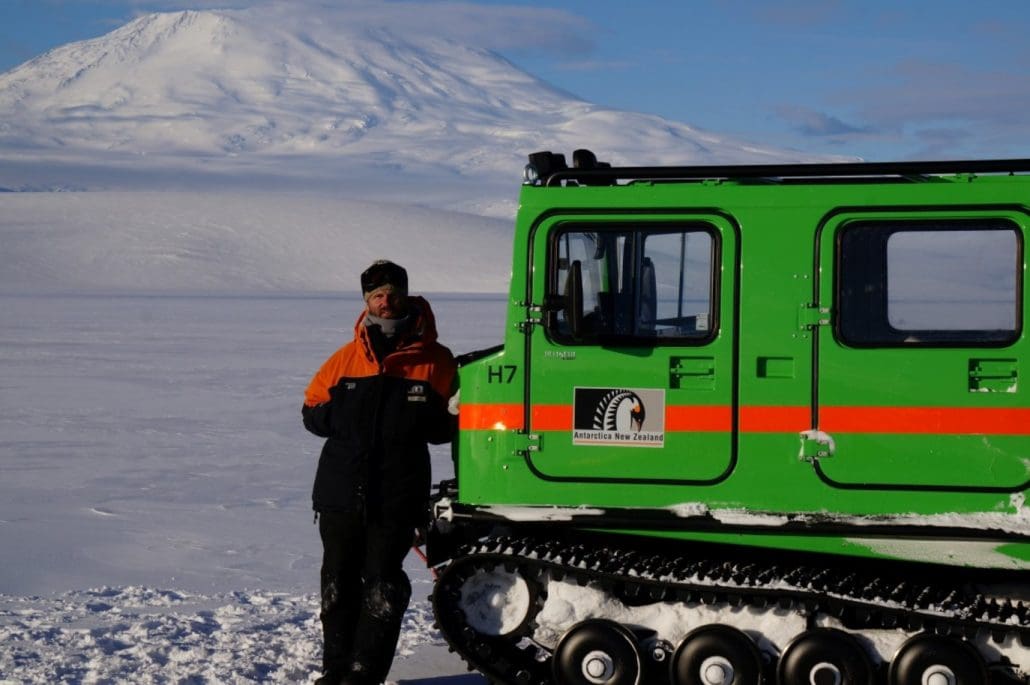 Conservation Ambassador Mike Gillies in front of Mount Erebus