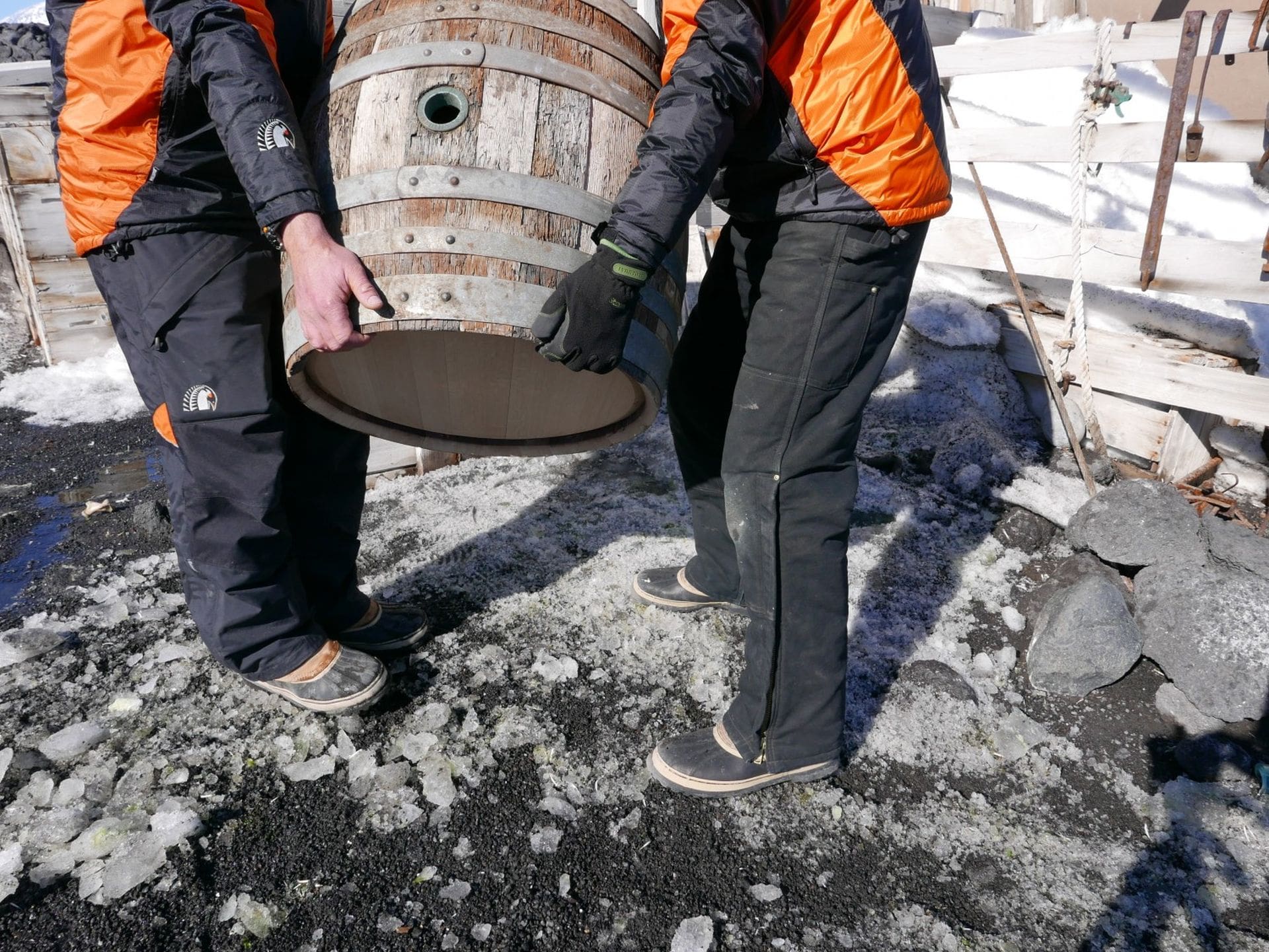 The Speight's barrel was carefully positioned outside Shackleton's hut by the Trust's conservation team.