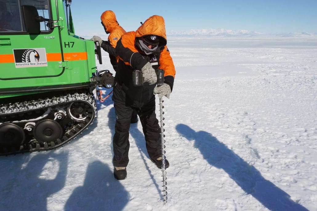 Drilling to test the ice thickness is adequate for safe travel en-route to Cape Evans.