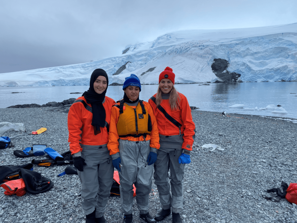 Sadra, Jaylee and Laurette Landing in Antarctica