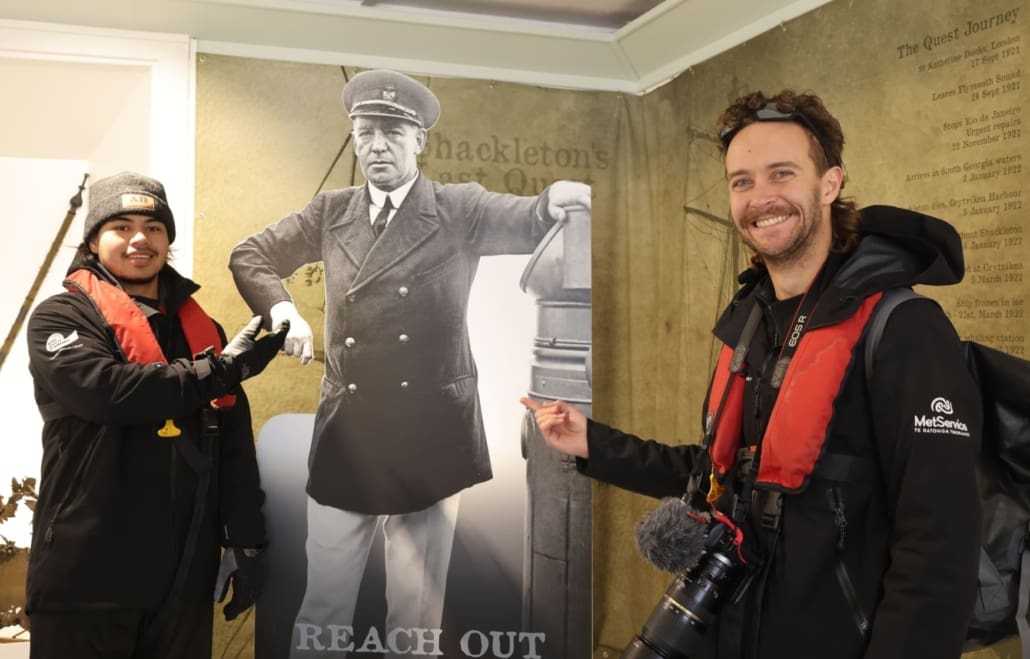 Inspiring Explorers Rykien Amiatu and Cole Yeoman inside the South Georgia museum. Antarctic Heritage Trust Grytviken Inspiring Explorers Expedition