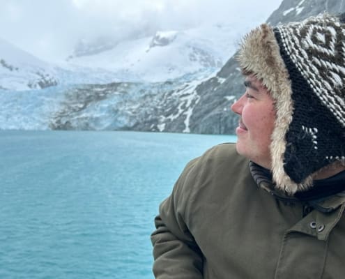 Inspiring Explorer Charlie Thomas admiring Drygalski Fjord Inspiring Explorers Expedition South Georgia Antarctic Heritage Trust