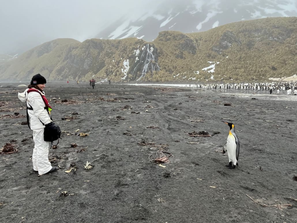A young woman and a penguin look at each other.