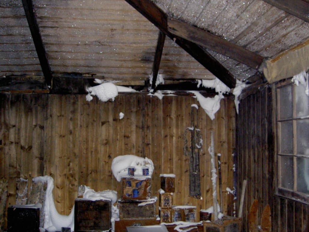 Ice crystals on the walls and ceiling inside 'Discovery' hut.